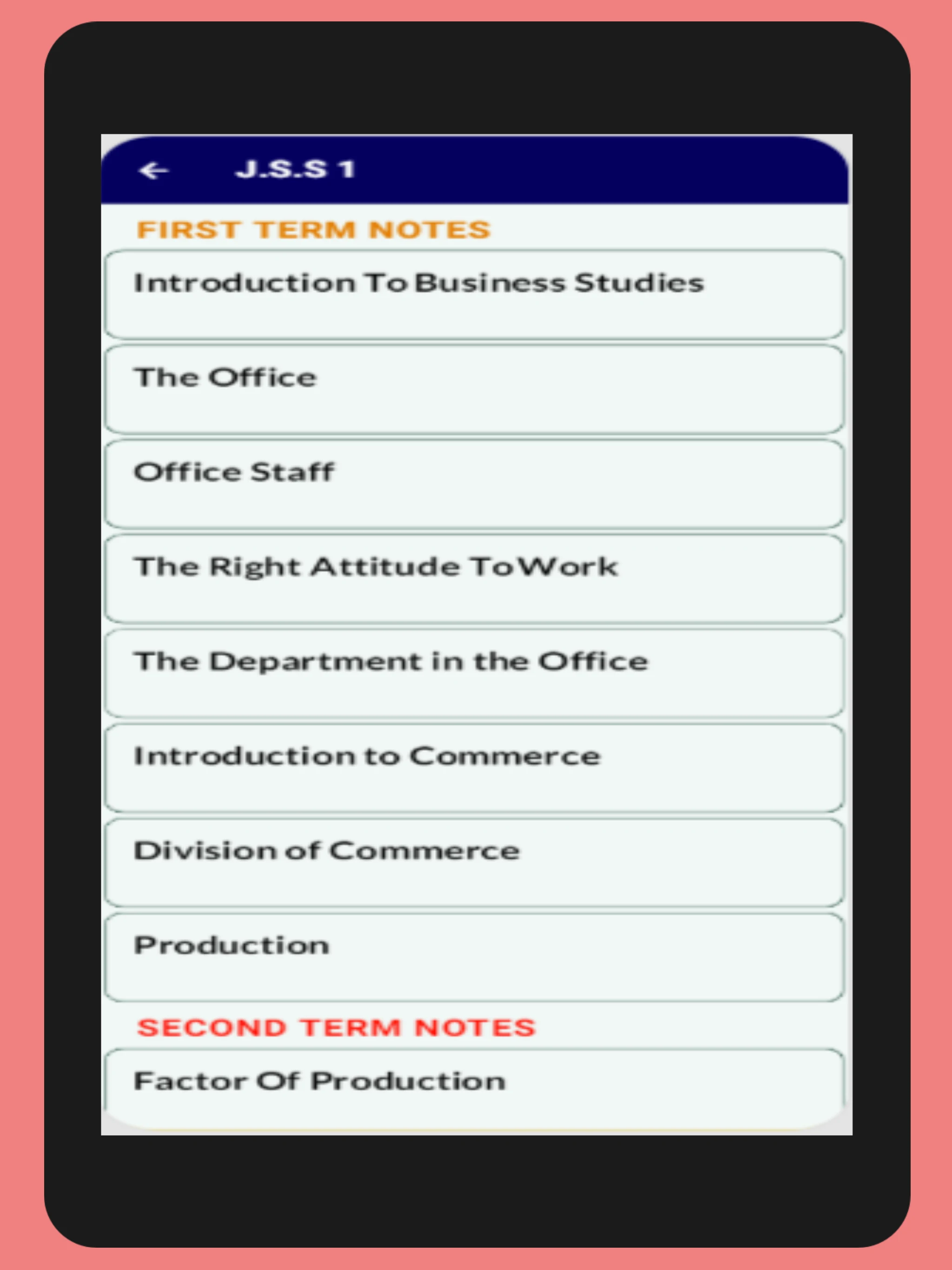 Business Studies (J.S.S 1-3) screenshot
